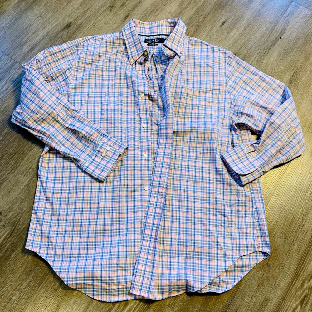 Lauren Ralph Lauren Mens 17 32/33 Classic Fit Stretch Non Iron Plaid Shirt Pink